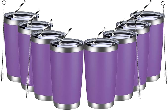 MEWAY 20oz Tumbler 8 Pack Double Wall Vacuum Insulated Travel Mug Bulk, Stainless Steel Tumblers with Lid and Straw, Durable Powder Coated Coffee Cups for Cold & Hot Drinks (Purple, 8) - Bloomnest