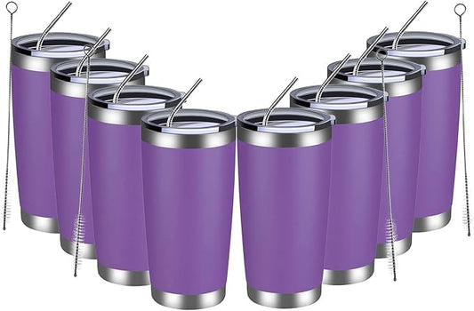MEWAY 20oz Tumbler 8 Pack Double Wall Vacuum Insulated Travel Mug Bulk, Stainless Steel Tumblers with Lid and Straw, Durable Powder Coated Coffee Cups for Cold & Hot Drinks (Purple, 8) - Bloomnest