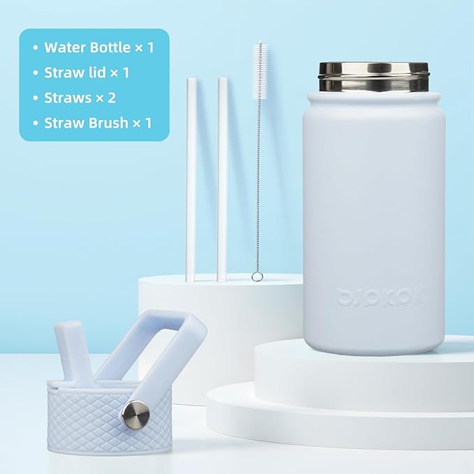 BJPKPK Insulated Water Bottle with Straw Lid, 15oz Cute Water Bottles, Stainless Steel Metal Thermo, Reusable BPA Free Leak Proof Tumblers, Cups,Light Blue - Bloomnest
