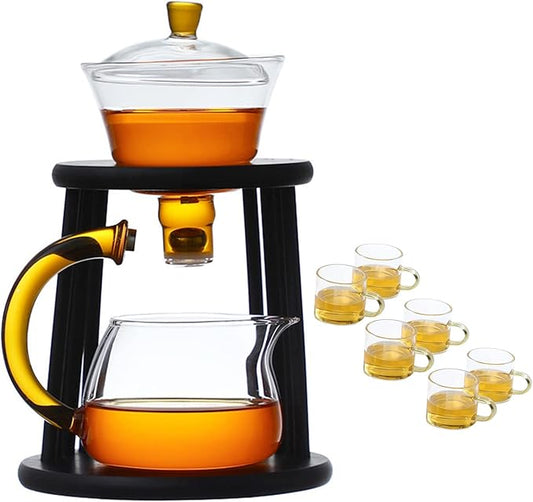 Mozeo Glass Semi-automatic Tea Set Wooden Glass Tea Set Water Diversion Rotating Cover Bowl Lazy Tea Maker Teapot Kungfu Fu teacup (Wooden Yellow Handle Teapot set)
