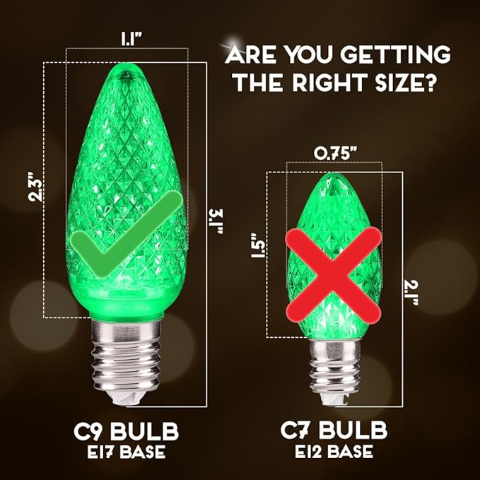 HLO Lighting Set of 25 Green C9 Faceted LED Christmas Light Bulbs for Indoor & Outdoor Use | Durable Replacement Bulb - Bloomnest