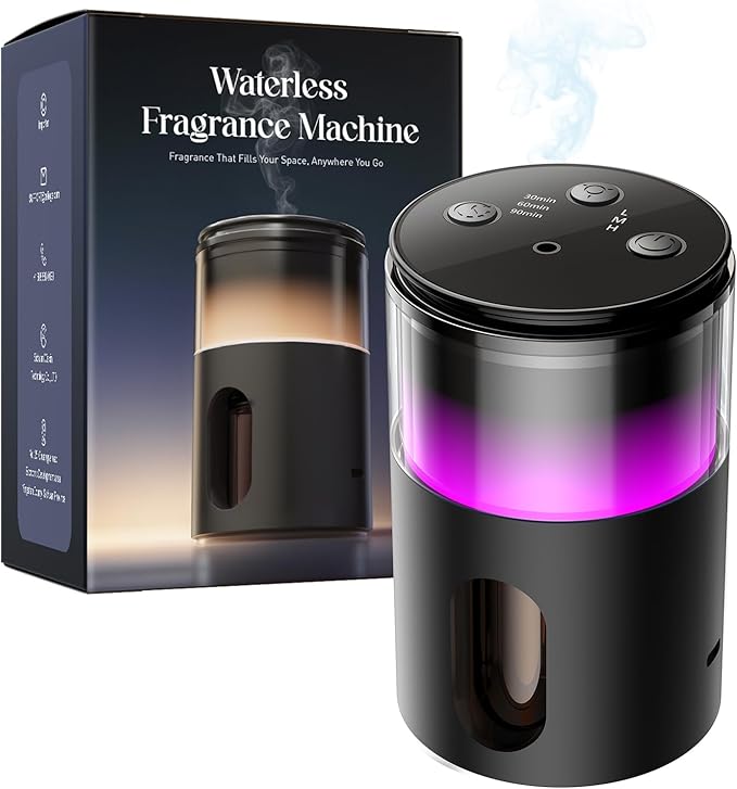 Waterless Diffuser for Essential Oil: Mini Battery Scent Diffuser for Room&Home&Car with 9 Colors LED Light - Aroma Cool Mist Machine Purple Black - Bloomnest