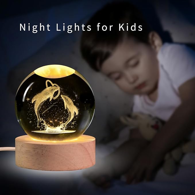 3D Laser Engraved Dolphin Crystal Ball, Romantic Dolphin & Heart LED Night Light, 60mm Sea Animal Figurines Decor Glass Sphere Lamp Gifts for Women Kids Mom - Bloomnest