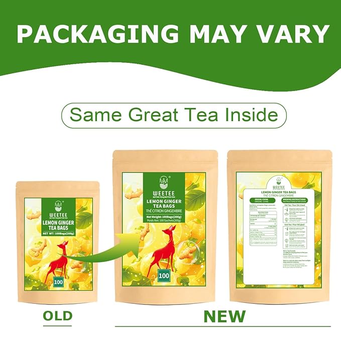 WT WEETEE Lemon & Ginger Herbal Tea, 100% Natural Ingredients, Made With Lemongrass, 100 Count Caffeine-Free Tea Bags - Bloomnest