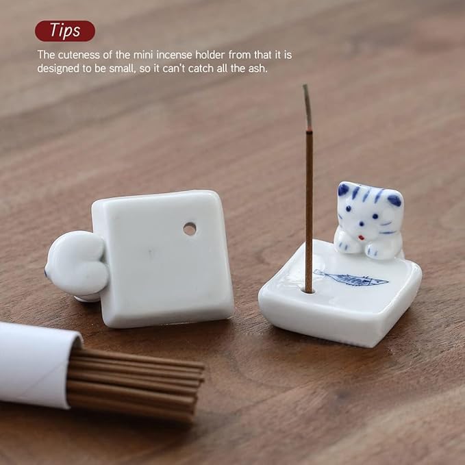 Set of 2, Japanese Mini Cute Kitty Cat with Dog Handmade White Ceramic Incense Stick Holder or Incense Burner Holder, Inscent Tray for Home Decor Yoga Spa Meditation, 1.42 inches - Bloomnest