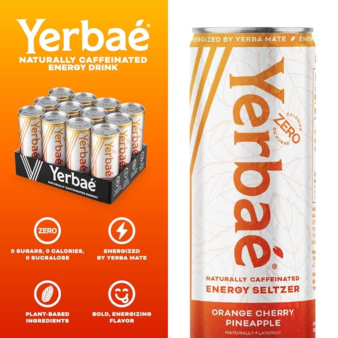 Yerbaé Energy Seltzer - Orange Cherry Pineapple No Sugar/Calories/Carbs. Energized by Yerba Mate, Naturally Caffeinated Plant-Based, Healthy Alternative to Coffee/Sugary Sodas, Pack of 12, 12oz cans - Bloomnest