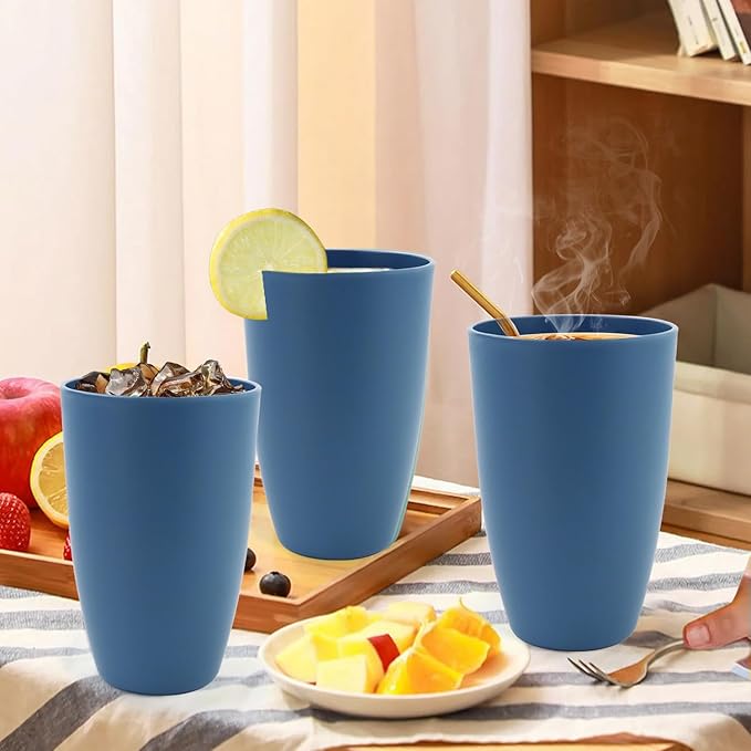 Wheat Straw Cups Large Drinking Cups Set of 6-20 OZ Large Capacity Plastic Tumblers Unbreakable Glasses Drinking Microwave and Dishwasher Safe Kitchen Water Glasses - Blue - Bloomnest