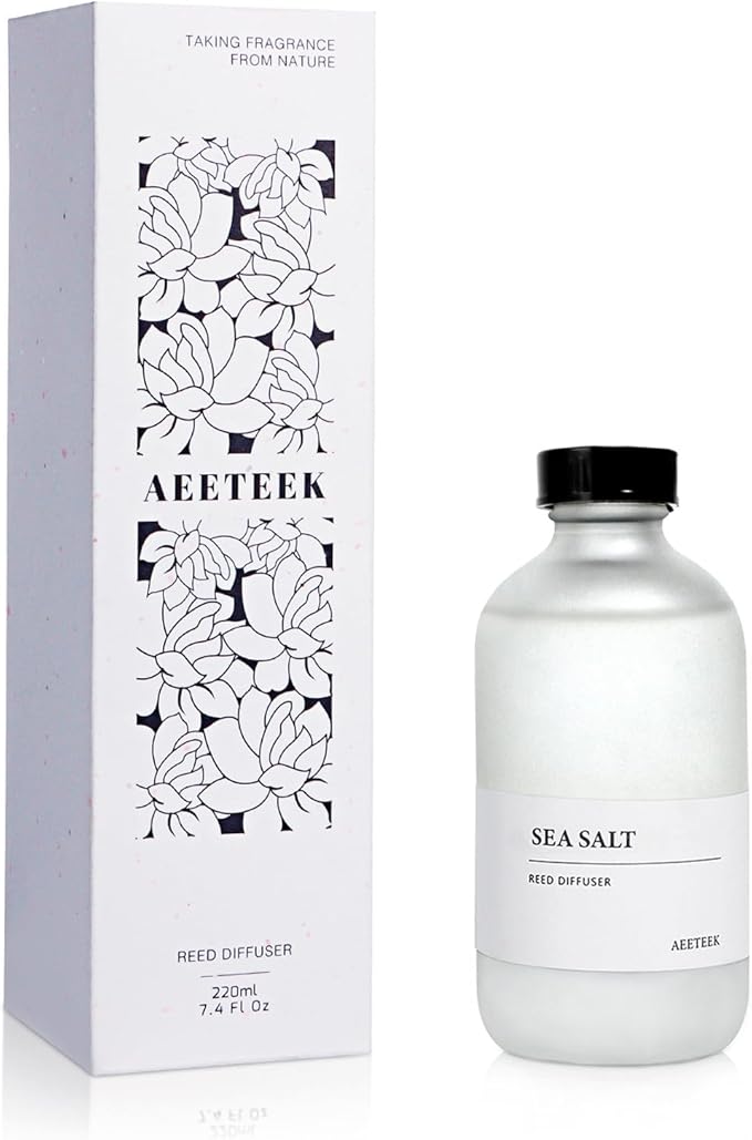 Sea Salt Reed Diffuser, 7.4oz(220ml) Sea Salt Musk and Grass Essential Oils, Bathroom Air Freshener with Willow Branches Decor, Long Lasting Fragrance for Home (1-Pack) AEETEEKHOMEFRAGRANCE
