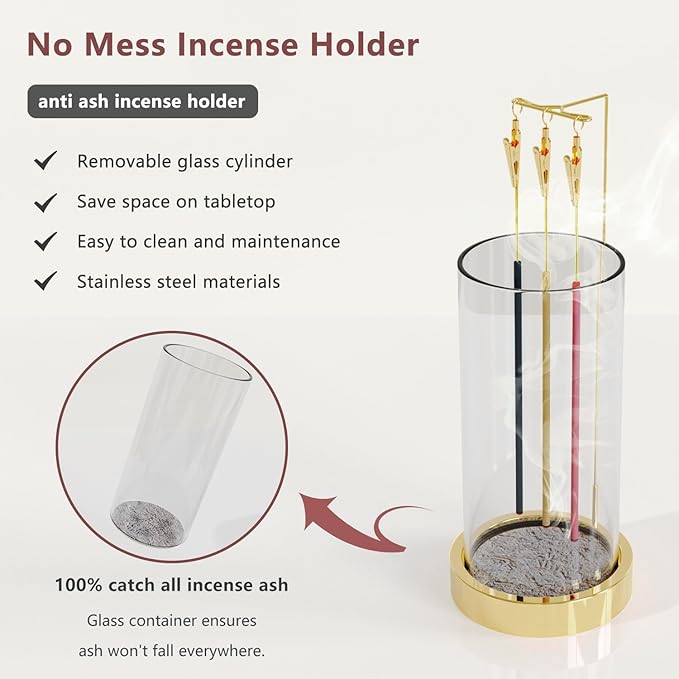 Incense Holder Ash Catcher - Upside Down Glass Incense Holder for Sticks, Reverse Inverted Anti Ash No Mess Insence-Stick Holder, Modern Metal Vertical Incense Burner for House Decor, Gold - Bloomnest