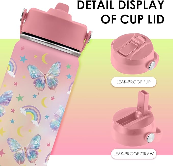 Butterfly Gifts - 16oz Pink Kids Water Bottle with Straw Lid, Stainless Steel Insulated Tumbler, Leakproof, BPA-Free, for Girls, School, Travel - Butterfly Rainbow Themed Birthday Gift Cup (1pc) - Bloomnest
