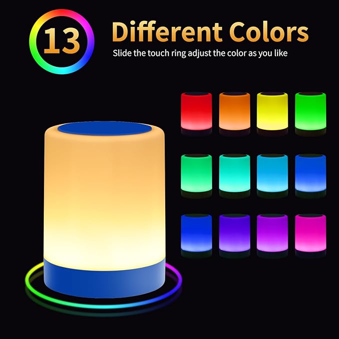 OORUN Touch Bedside Table Lamp,13 RGB Colors & 5 Brightness, USB Rechargeable Desk Lamp, Remote Control Dimmable Night Light with RGB Color Changing,Portable Lamp for Baby, Bedroom, Living Room (Blue) - Bloomnest