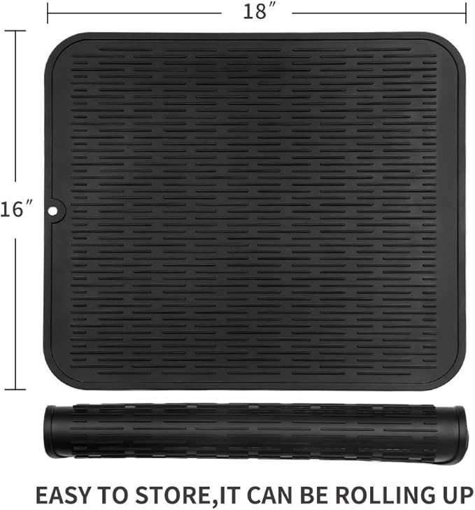 Silicone Dish Drying Mat for Multiple Usage,Easy clean,Eco-friendly,Heat-resistant Silicone Mat for Kitchen Counter or Sink,Refrigerator or Drawer Liner Black XL 18 inches x 16 inches - Bloomnest