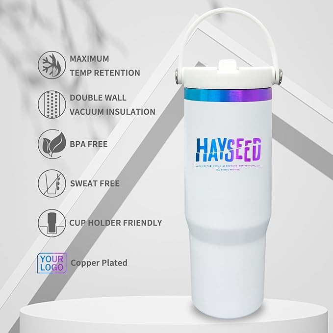 30 oz Tumbler with Handle, Double Wall Vacuum Insulated Tumblers with Flip Straw, Coffee Mug 30oz Powder Coated Cup for Hot and Cold Drinks(Blue Purple Plated, White,8 pack) - Bloomnest