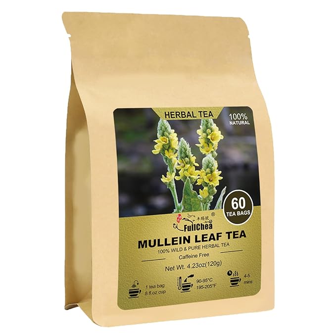 FullChea - Mullein Leaf Tea Bags, 60 Teabags, 2g/bag - Premium Dried Mullein Herbs For Detox & Respiratory Support - Non-GMO - Caffeine-free - Natural Healthy Herbal Tea - Bloomnest