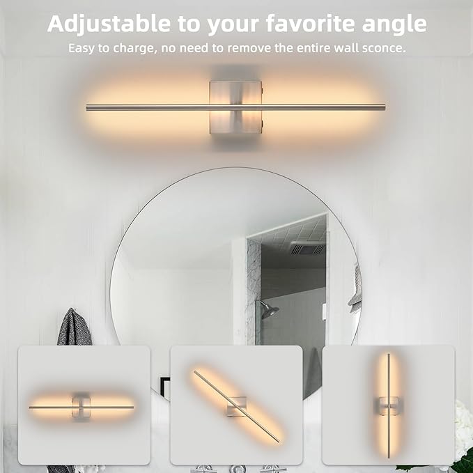 Rechargeable Battery Operated Wall Sconces set of 2, Brushed Nickel Wireless Wall Sconce with Remote Control, 3000K-6000K Dimmable LED Wall Light for Living Room Hallway Bedroom Stairs, 29 Inchs - Bloomnest