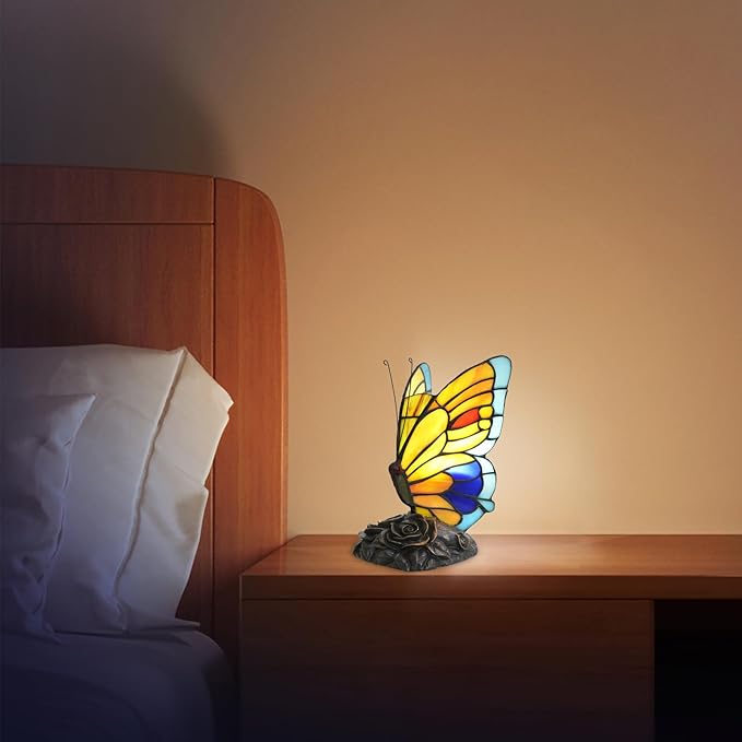Blue and Orange Butterfly Table Lamp Small Tiffany Style Lamp Stained Glass Lamps Living Room Dorm Bedroom Vintage Art Unique Bedside Night Light Home Lighting Decor Kids Gifts Desk Lamps Rose Base - Bloomnest