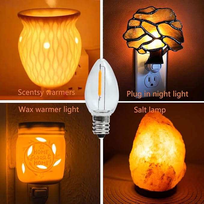 C7 E12 LED Night Light Bulbs, C7 Replacement LED Light Bulbs, Window Candles & Salt Lamp Bulbs, E12 Chandelier Base, 0.6W Equivalent to 7W, Warm White 2200K, Clear Plastic, 25 Pack - Bloomnest