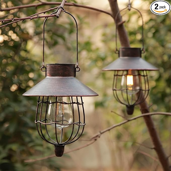 YAKii 2 Pack Solar Lantern Hanging Waterproof Outdoor Metal Solar Lamp with Warm White Light Decorate for Yard Garden Pathway Patio Porch Decor (Antique Copper) - Bloomnest