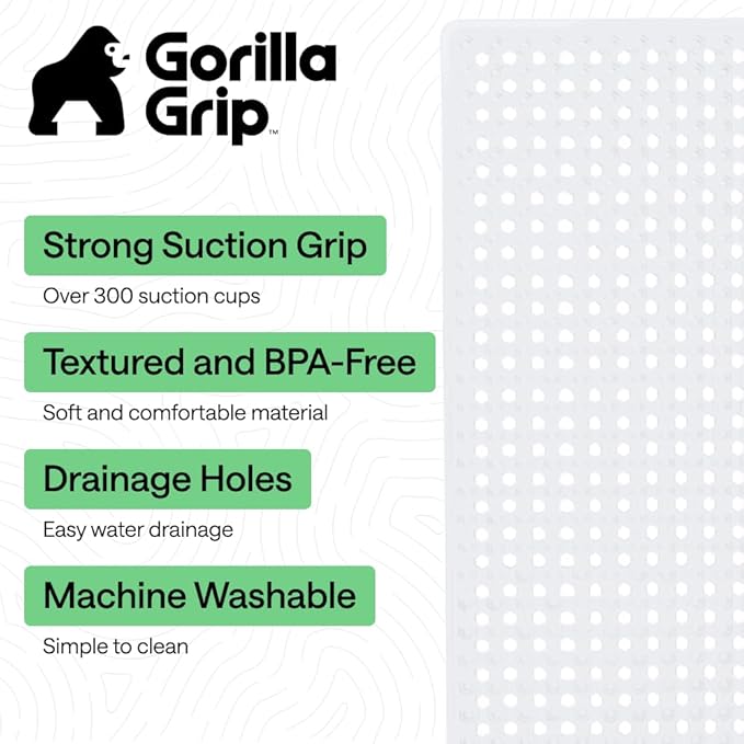 GORILLA GRIP Patented Bath Tub Shower Mat, Machine Washable Bathtub Floor Liner Mats, Suction Cups and Drain Holes to Keep Tubs Clean, Soft on Feet, Bathroom Essentials, 35x16 Inch, White - Bloomnest