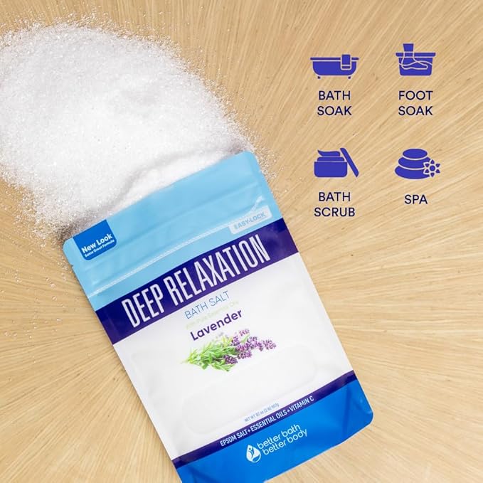 Deep Relaxation Bath Salt 32 Ounces Epsom Salt with Natural Lavender Essential Oil Plus Vitamin C in BPA Free Pouch with Easy Press-Lock Seal - Bloomnest