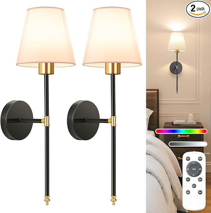 NIORSUN 19.9 inch Battery Operated Wall Sconce Set of 2,Gold-Black Rechargeable Wall Lights with 5200mAh Dimmable Detachable Bulbs and Remote,10 Colors Wireless Sconces for Bedroom Living Room Hallway - Bloomnest