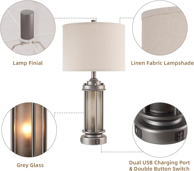 Industrial Metal Table Lamps Set of 2 Living Room Bedroom, 2 USB Ports Bedside Lamp with Glass Nightlight, Modern Desk Lamp for Entryway Office End Table, 4 Bulbs Included - Bloomnest