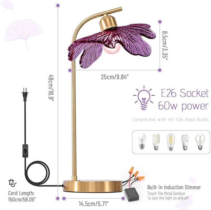 bedside table lamps of 2 touch Table lamp Mid Century Modern lamp Gold Desk lamp nightstand lamp vintage desk lamp small table lamp Purple Glass table light for end table Bedroom Living Room farmhouse - Bloomnest
