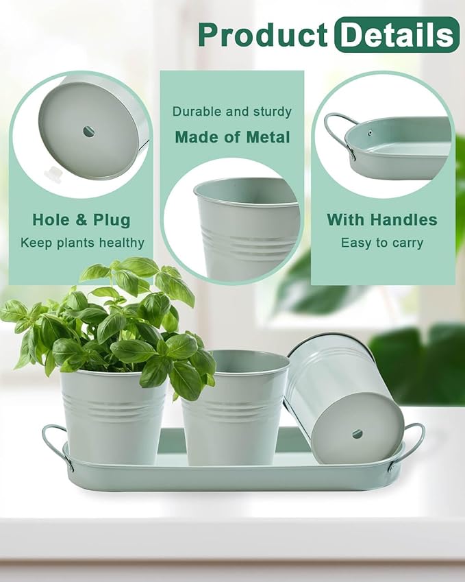 vensovo Indoor Herb Planter Set - Galvanized Windowsill Garden Pots with Tray & Drainage, Set of 3 Metal Window Planters for Kitchen & Outdoor Use, Light Green - Bloomnest