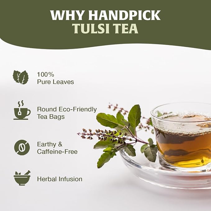 HANDPICK Original Tulsi Tea (100 count) Holy Basil Calming and Stress Relief Tea, Immune Support | Non-GMO, Caffeine-Free Herbal Tea | Ecofriendly Round Tea Bags - Bloomnest