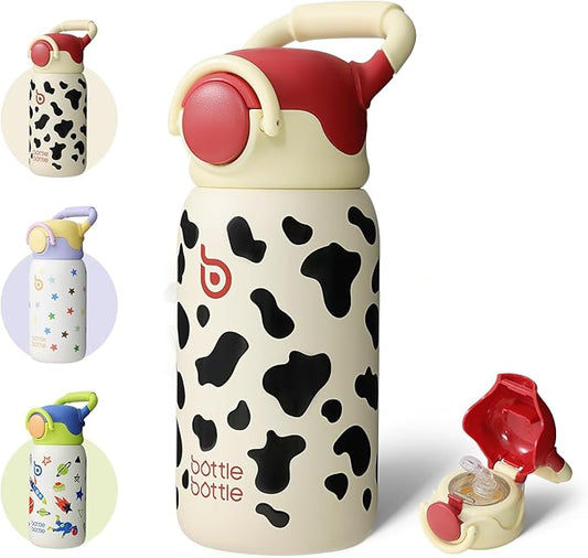 BOTTLE BOTTLE Kids Insulated Water Bottle with Straw Lid and Handle 16 oz Stainless Steel Vacuum Tumbler Water Bottles for School Outdoor Travel Gifts for Boys and Girls Cow - Bloomnest