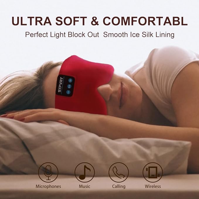 Sleep Mask Bluetooth 5.4 Headphones Soft Wireless Headband Eye Mask Blackout with Microphone (Red) - Bloomnest