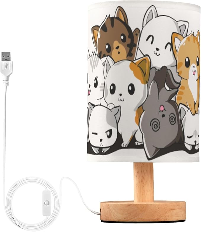 Table Lamp Cute Cartoon Cat Kitten Kitty Nightstand Lamp with Wood Base Fabric Lamp Shade Bedside Desk Lamp for Living Room Bedroom Kids Room Office - Bloomnest