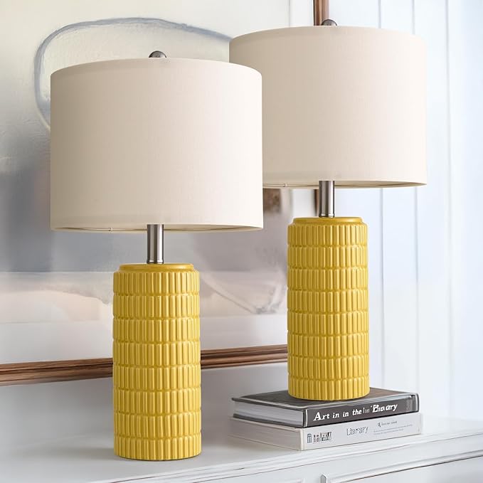 PoKat 23" Yellow Table Lamps Set of 2, Modern Living Room End Table Lamps Decor, Ceramic Lamps for Living Room, Contemporary Nightstand Lamps for Side Console Table Hallway Gift - Bloomnest