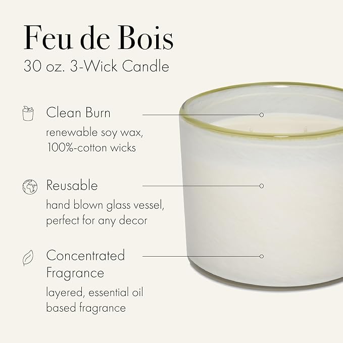 LAFCO New York 3-Wick Candle, Feu de Bois - 30 oz - 120-Hour Burn Time - Reusable, Hand Blown Glass Vessel - Made in The USA - Bloomnest