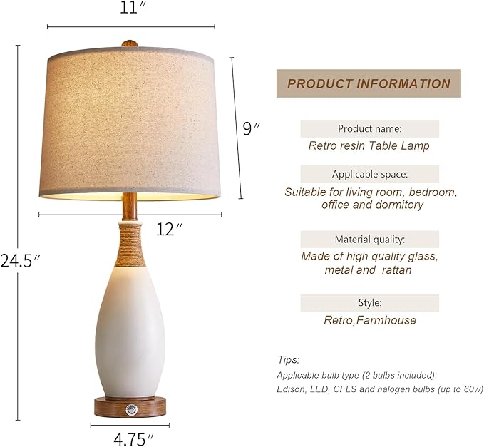OYEARS 24.5” 3-Way Dimmable Touch Control Bedside Table Lamp Set of 2 with USB and Type-C Charging Ports Modern Farmhouse Nightstand Lamp for Bedroom Living Room (Bulb Included) - Bloomnest
