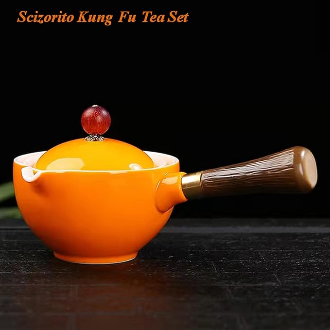 Ceramic Portable Travel Tea Set, Chinese Kungfu Tea Set with 360 Rotation Teapot and Infuser, 4 Tea Cups, Tea Tray And Travel Bag (Yellow)