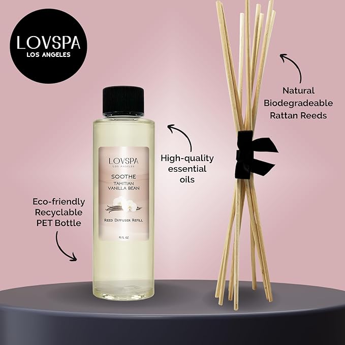 LOVSPA Soothe Tahitian Vanilla Diffuser Oil - Luxury Essential Oils for Diffuser Refill & Air Freshener Room Spray - Long-Lasting & Natural Home Fragrance, Scented Oil for Diffusers, USA Made, 4oz - Bloomnest