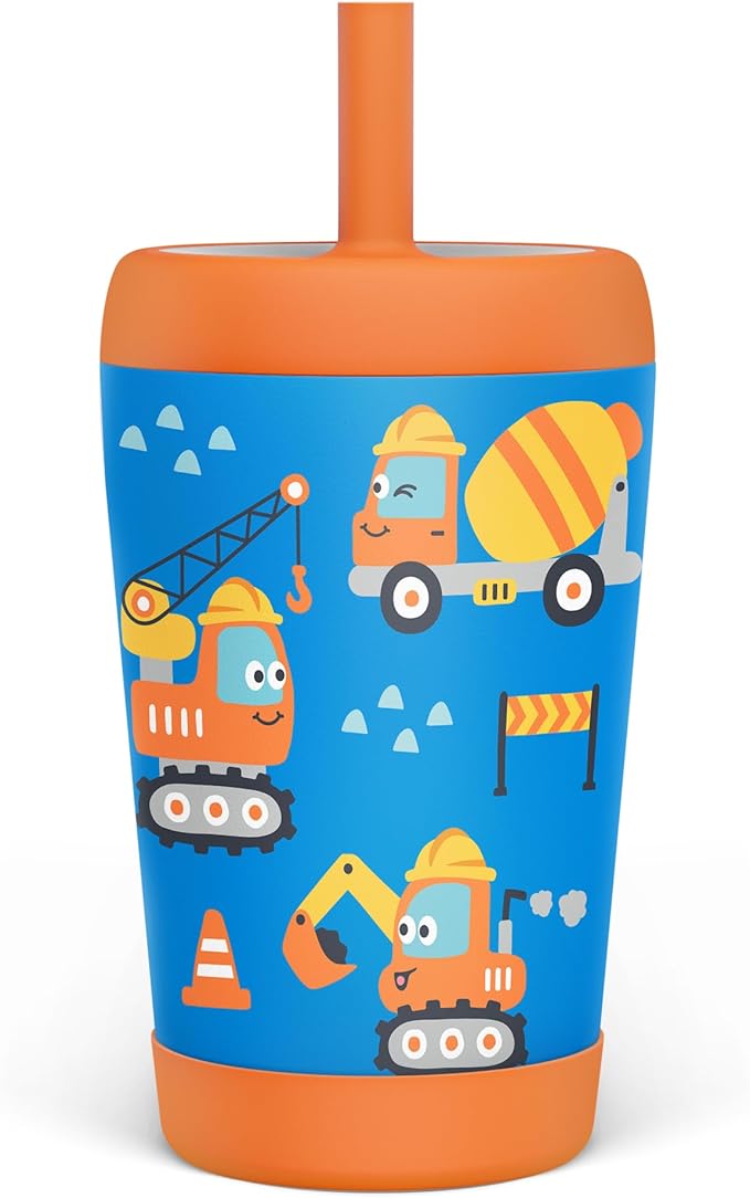 Kid Insulated Stainless Steel Tumbler with Silicone Straw, 12oz Sippy Cup for Kids (Construction Trucks) - Bloomnest