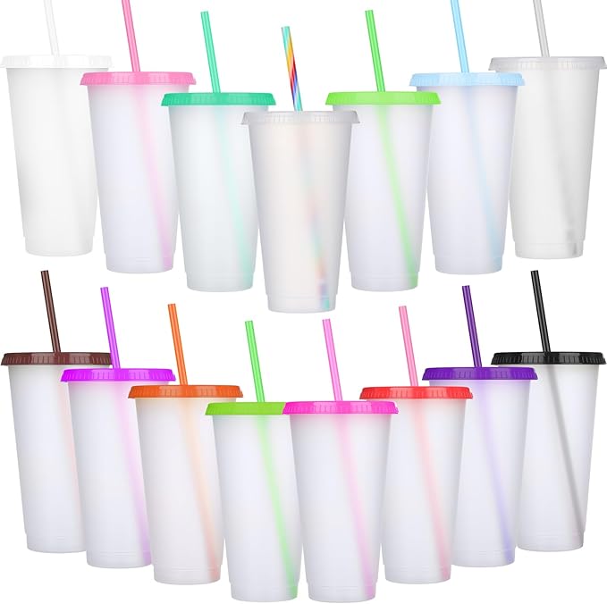 Honeydak 15 Pack Tumbler with Straw and Lid Bulk Water Bottle Iced Coffee Travel Mug Cup Reusable Plastic Cups for Party Birthdays 24-27 oz (Pretty Color) - Bloomnest