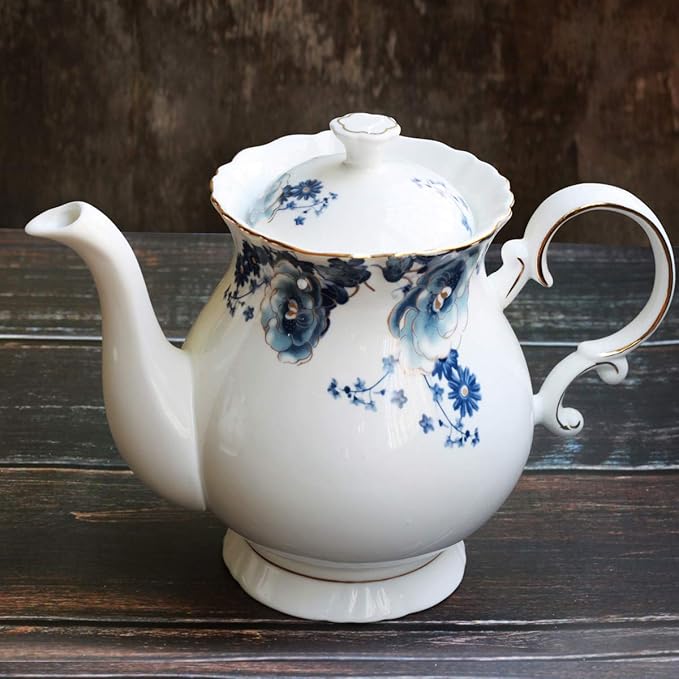 Jomop European Style Ceramic Flower Teapot Coffee Pot Water Pot Porcelain Gift Large 5.5 Cups (1, Blue and White) - Bloomnest