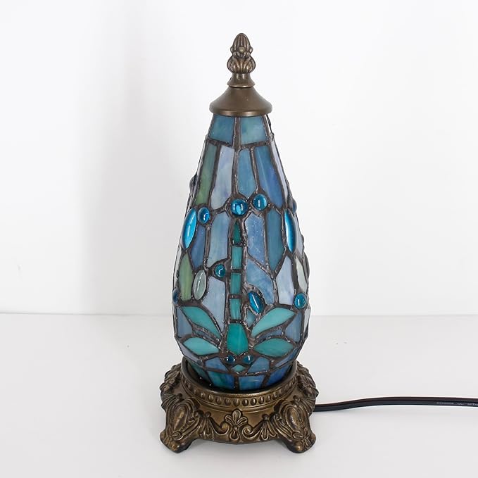 Small Tiffany Lamp Stained Glass Table Lamp 5.5X11 Inch Christmas Tree Lighthouse Mini Accent Memory Sympathy Antique Night Light for Bedroom Living Room (Colorful)