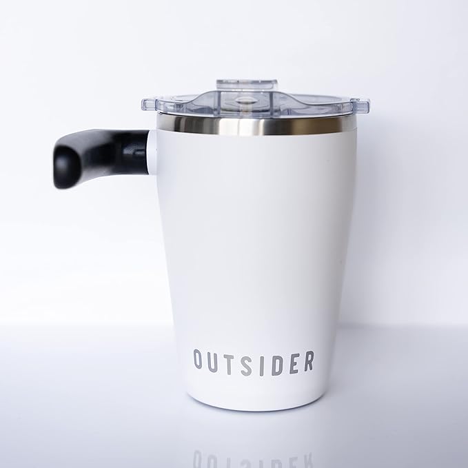 OUTSIDER Stainless Steel Vacuum Insulated Coffee Mug/Cup with Rotating Handle and Spill Proof Lid – Great Travel Tumbler for Outdoor, Home, Office – 17 ounces, White