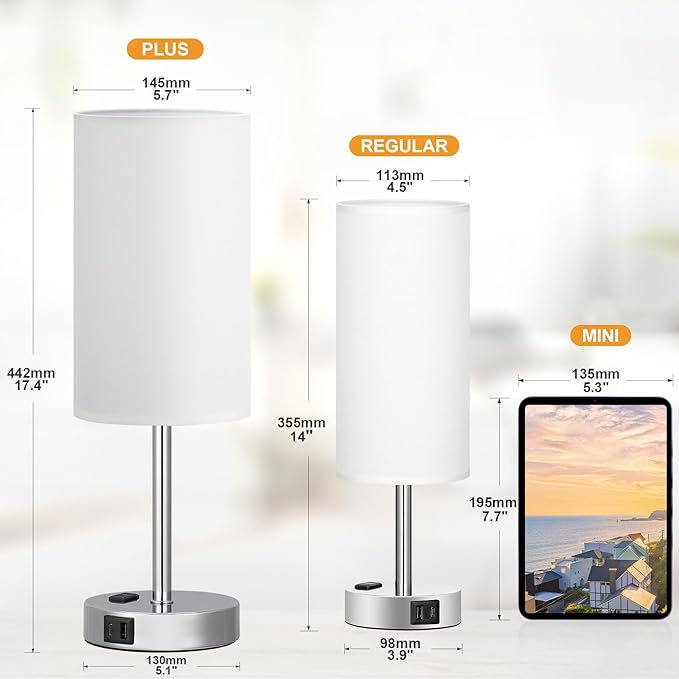 Fenmzee Touch Bedside Lamp - White, 3-Way Dimmable, USB A + C Charging, AC Outlet, 17.4inch Medium - Bloomnest
