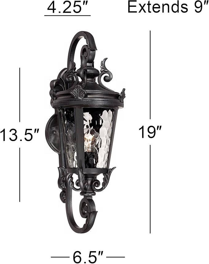 John Timberland Marseille Traditional Outdoor Wall Light Fixture Black Steel Scroll 19" Clear Hammered Glass Downbridge Arm for Exterior House Porch Patio Outside Deck Garage Front Door Home - Bloomnest