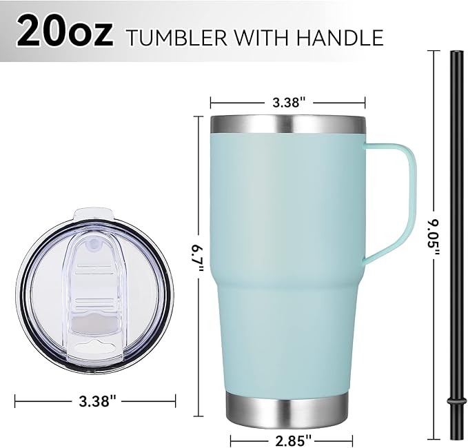 VEGOND 20 oz Tumbler with Handle Lid and Straw, Stainless Steel Insulated Travel Coffee Mug Spill Proof Double Wall Metal Tumbler Cup Keeps Drink Hot and Cold, Mint Green 1 Pack - Bloomnest