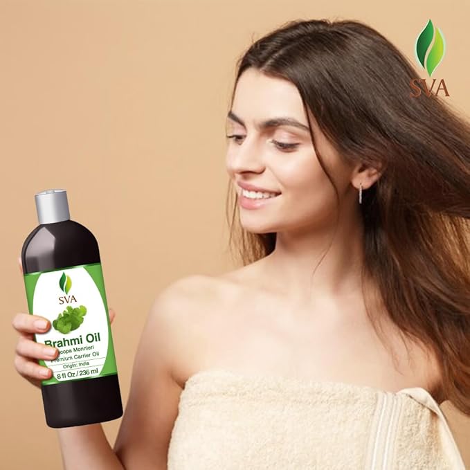 SVA Brahmi Oil - 8 Fl Oz – 100% Natural Cold Pressed Brahmi Oil - for Face, Skin Care, Hair Care, Scalp Massage & Body Massage – Carrier Oil with Pump - Bloomnest