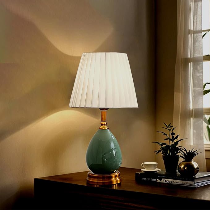 Large Table Light 3 Color Adjustable Ceramic Lamp Vintage Nightstand Lamps Dimmable Bedside Table Lamps for Living Room Bedroom Home Office (Green Fabric lampshade) - Bloomnest