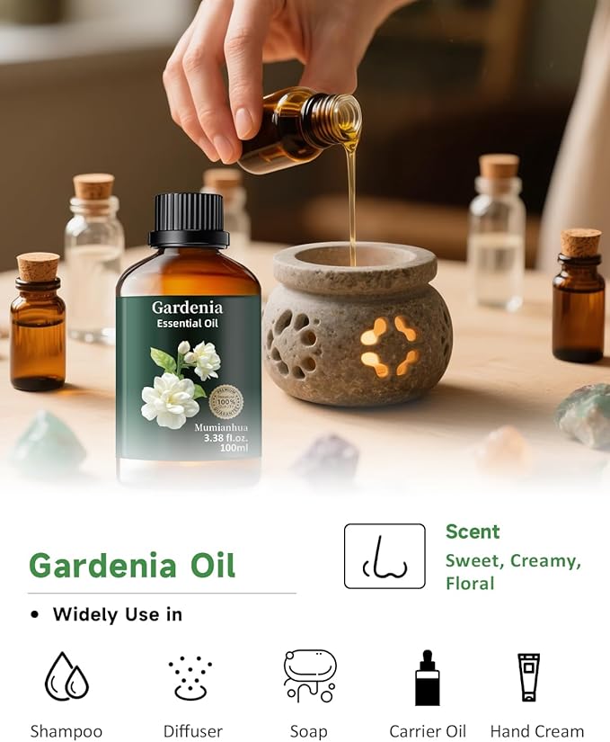 Gardenia Essential Oil Pure, Mumianhua Natural Gardenia Oil for Reed Diffuser, Air Freshener, Skin, Hair, Laundry & Women's Perfume, Candles Making 3.38 Fl Oz - Bloomnest