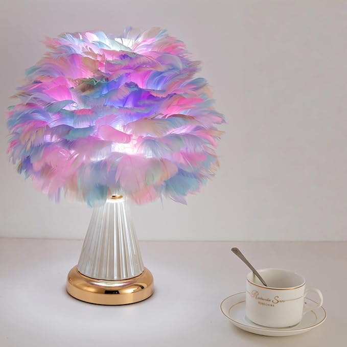 Colorful Feather Table Lamp Cute Ceramic Fluffy Bedside Lamp Princess Furry Nightstand Light Girl Romantic Desk Lamp for Girl Bedroom Living Room Office Nursery Valentines Wedding Decor - Bloomnest