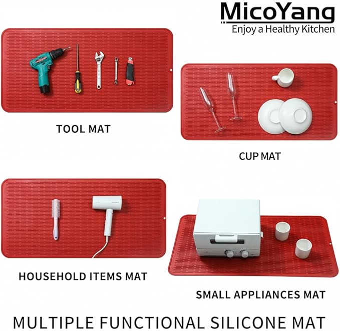 Silicone Dish Drying Mat for Multiple Usage,Easy clean,Eco-friendly,Heat-resistant Silicone Mat for Kitchen Counter or Sink,Refrigerator or Drawer Liner Red 5XL 36inches x 18inches - Bloomnest
